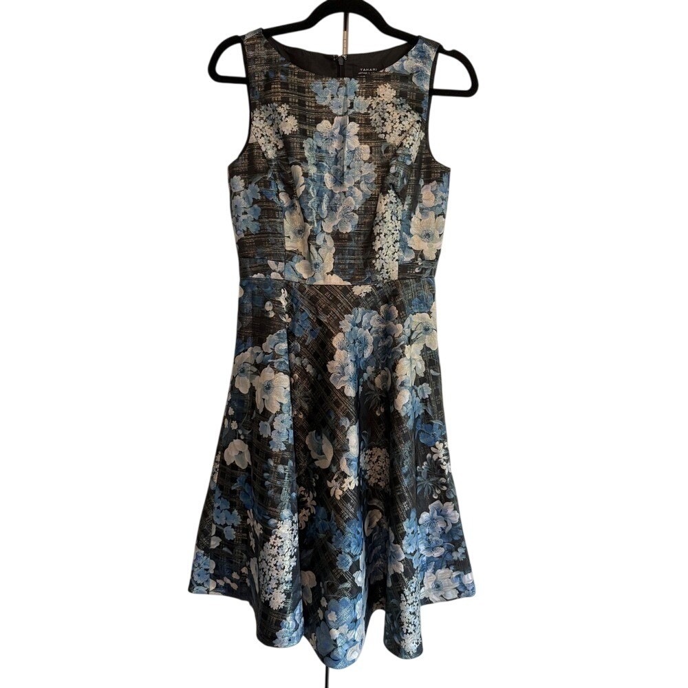 Tahari Arthur S Levine Blue Floral Metallic Jacquard Fit Flare‎ Cocktail Dress